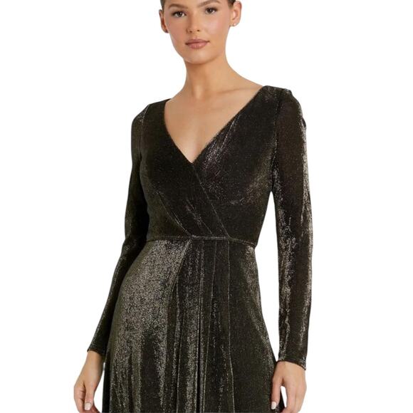 Mac Duggal Size 16 NEW Black Gold Long Sleeve Faux Wrap A Line Gown 49088 NWT - Picture 2 of 11